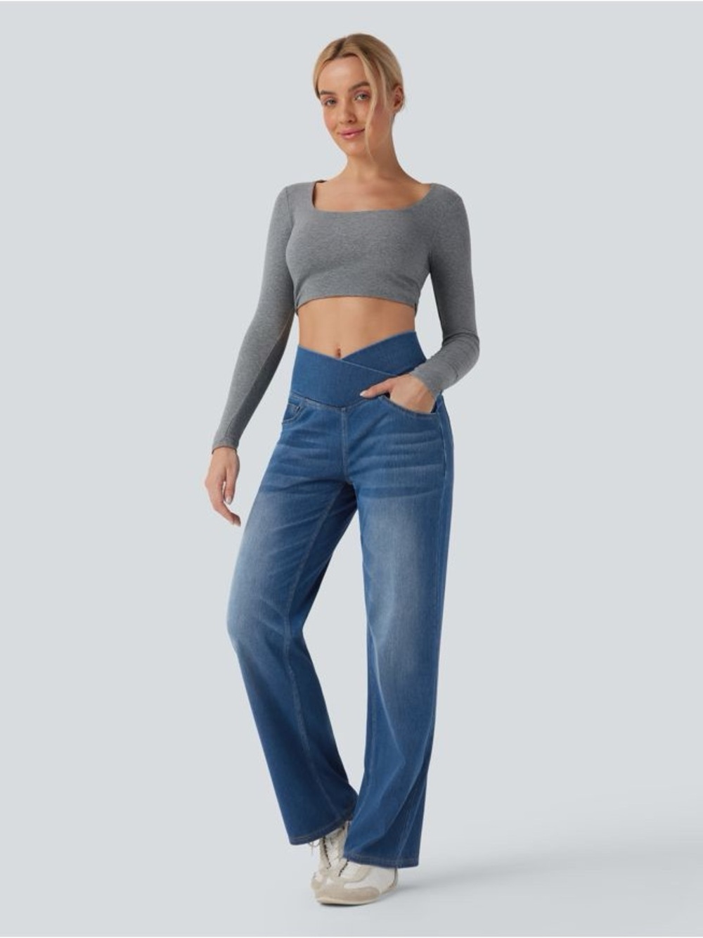 HALARA Flex CrossOver Hi Waisted Tommy Control Blue Straight Leg Jeans